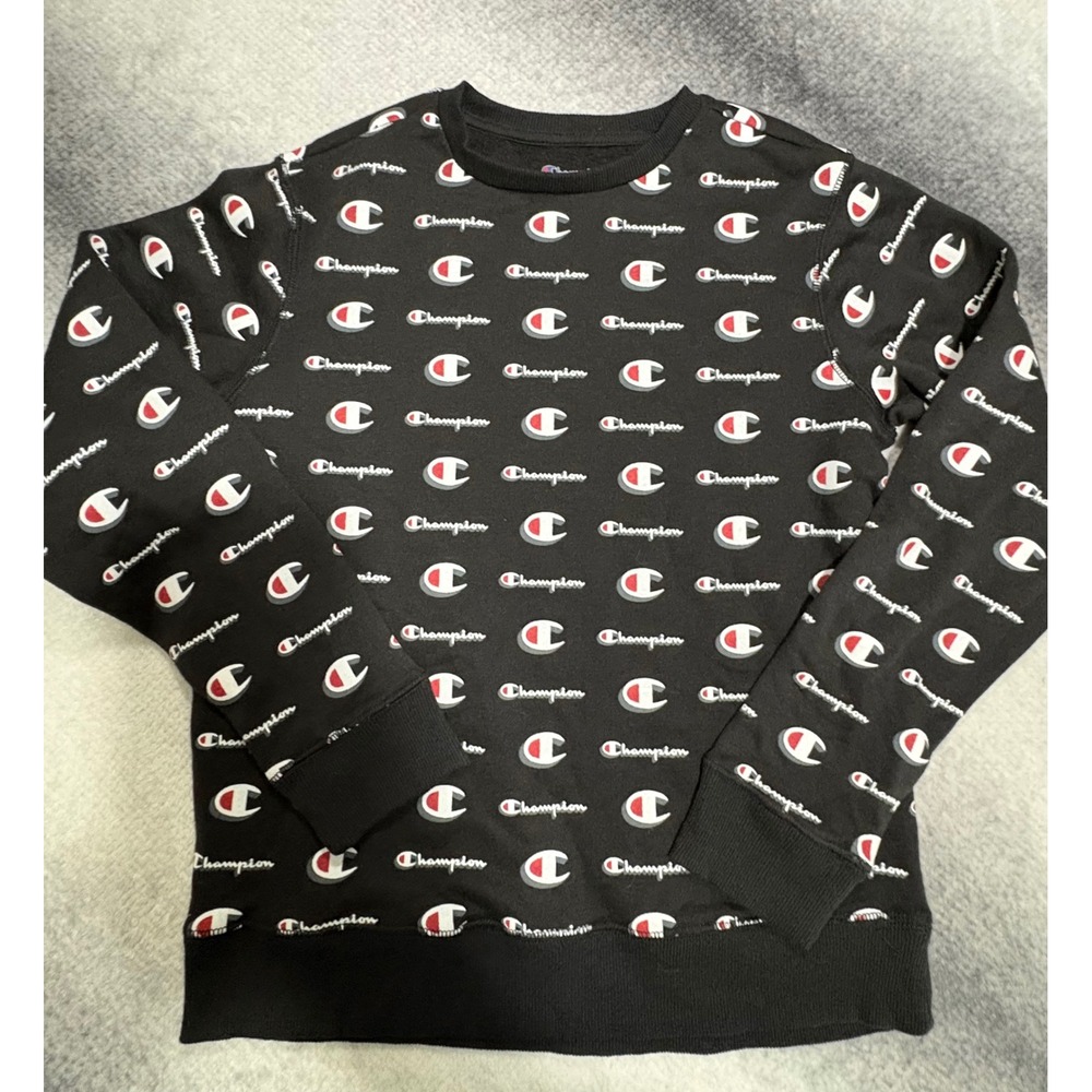 (A8) Champion Kids Black All Over Logo Print Crewneck Sweatshirt Size L